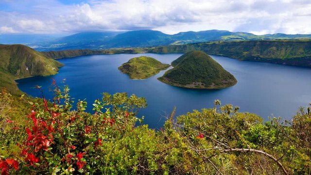 Cuicocha crater lake has 2 islands in th midddle of the lake,  Ecuador