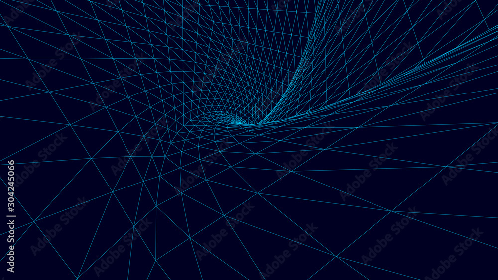 Poster Vortex. Vector perspective curved grid. Wireframe abstract tunnel. 3D vector wormhole with a mesh structure.