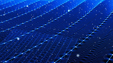Perspective grid. Big data visualization. Network of dots connected by lines. Abstract digital background. 3d rendering.