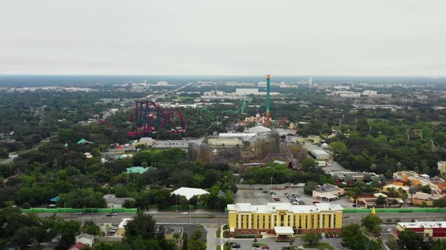 Aerial lateral establishing shot of Busch Gardens Tampa FL USA 4k