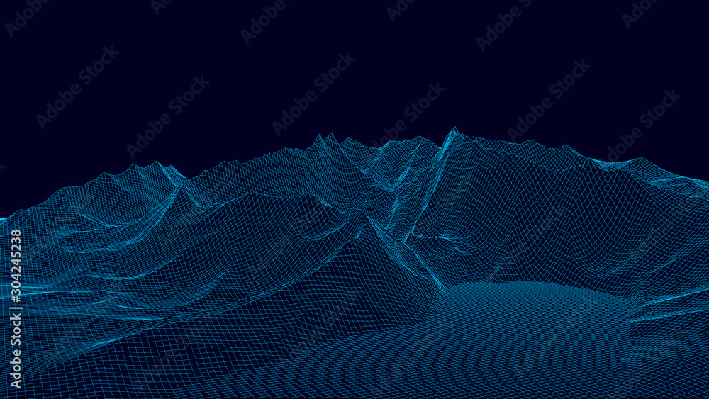 Poster vector wireframe 3d landscape. technology grid illustration. network of connected dots and lines on 