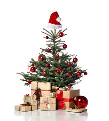 Natural christmas tree decorated with x-mas red patchwork ornament artificial balls craft presents gifts for new year 2020