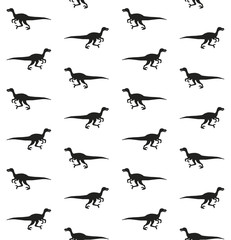 Vector seamless pattern of black velociraptor dinosaur silhouette isolated on white background