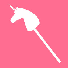 Vector white flat riding hobby horse unicorn silhouette isolated on pink background