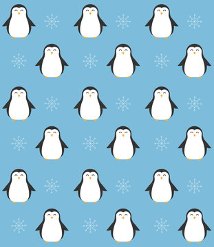Vector seamless pattern of flat cartoon penguin and snowflakes isolated on blue background