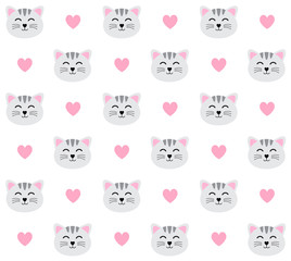 Vector seamless pattern of flat cartoon gray cat face and hearts isolated on white background