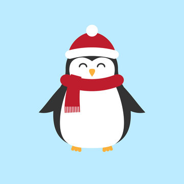 Vector flat cartoon penguin in hat and scarf isolated on pastel blue background