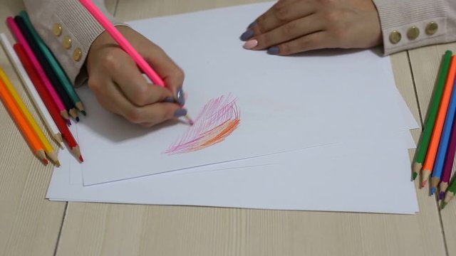 Hands draw with pencil. Concept of creative hobby, painting inspiration, art learning. Footage.