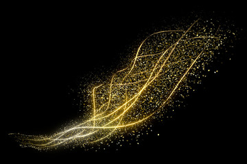 Round golden confetti or sparkles on a black background, with gold lines. 3d rendering image.