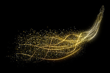 Round golden confetti or sparkles on a black background, with gold lines. 3d rendering image.
