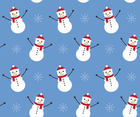 Vector seamless pattern of flat cartoon snowman isolated on blue background