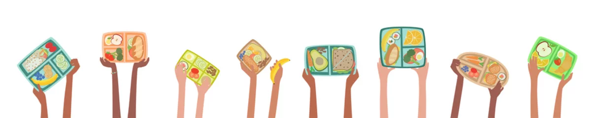 Fotobehang Children hands holding lunch boxes with healthy lunches food banner © Pixsooz