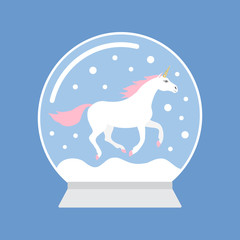 Vector flat cartoon snow ball with unicorn isolated on blue background