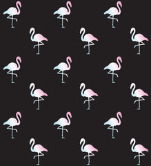 Vector seamless pattern of holographic flamingo silhouette isolated on black background
