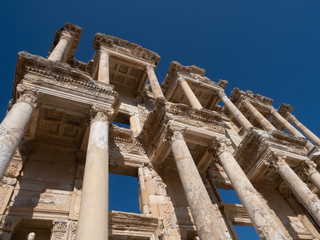Close Up of the Facade of the Library of Celsus in Ephesus Turkey