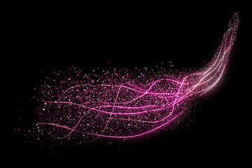Round magenta confetti or sparkles on a black background, with magenta lines. 3d rendering image.