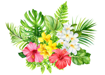 tropical flowers, palm leaves, fern, plumeria, monstera, watercolor illustration, hand drawing, summer bouquet of flowers on white isolated background