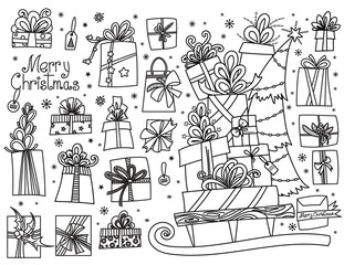 Doodle set of Christmas presents. Hand drawn cartoon gift boxes in various shapes and pile of holiday presents on the sleigh. Vector illustration isolated on white. Design elements collection.