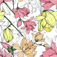 Vector Magnolia floral botanical flowers. Black and white engraved ink art. Seamless background pattern. - 304249697