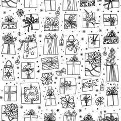 Christmas presents seamless pattern. Hand drawn cartoon gift boxes in various shapes. Vector illustration isolated on white.