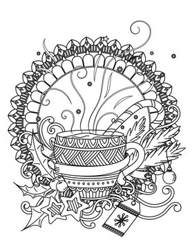 Cup with hot chocolate. Adult coloring book page. Christmas decoration, balls, ribbons, gingerbread, and berries. Hand drawn vector illustration.