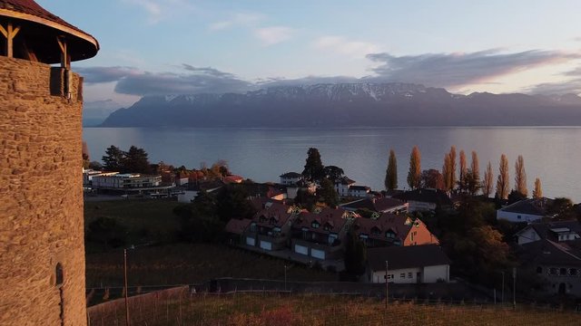 Aerial sunset in Lutry, Switzerland