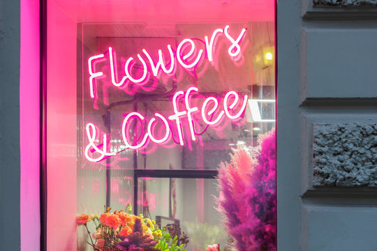 neon sign flowers and coffee. romantic floral gifts. nature love