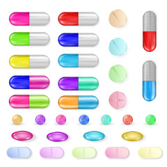 Pills vector set of different colors and shapes. Containers for powder or granulas. Pharmaceutical, medication symbols, isolated on white. Medical treatment drug duo capsules for poster decoration.