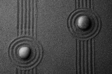 Fotobehang Zen Stenen Black sand with stones and beautiful pattern, flat lay. Zen concept  © New Africa