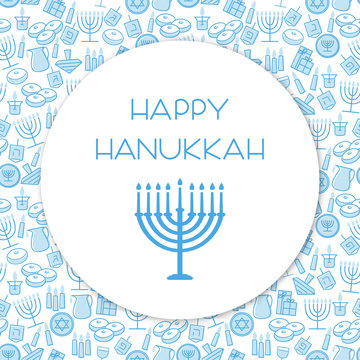 Happy Hanukkah greeting card template design. Holiday symbols: menorah (candlestick), candles, donuts, gifts, dreidel. Vector illustration