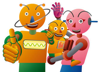 笑顔のロボットファミリーのイラスト