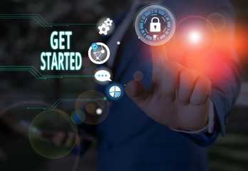 Text sign showing Get Started. Business photo showcasing Begin an important period in one s is life...