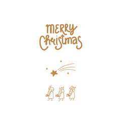 Minimal simple child like hand drawn Merry Christmas greeting card with 3 wise men,  walking with gifts for Jesus., and a star on dark background.