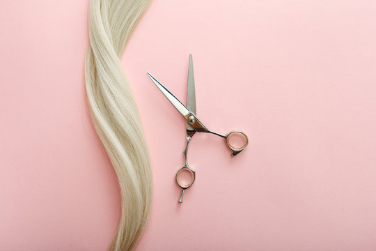 Flat lay composition with Hairdresser tools - scissors and strand of blonde hair on pink color background with copy space for text. Hairdresser service. Beauty salon service.