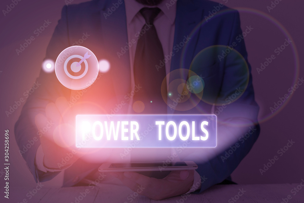 Poster text sign showing power tools. business photo showcasing tool that is actuated by additional power s