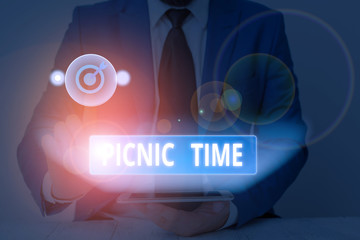 Text sign showing Picnic Time. Business photo showcasing period where meal taken outdoors as part of an excursion