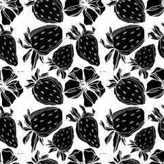 Vector strawberry fresh berry healthy food. Black and white engraved ink art. Seamless background pattern.