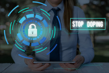 Word writing text Stop Doping. Business photo showcasing do not use use banned athletic perforanalysisce enhancing drugs