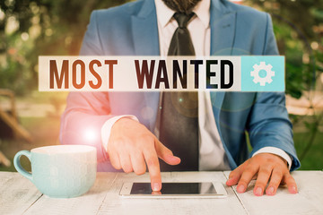 Word writing text Most Wanted. Business photo showcasing listing of the names of demonstratings who...
