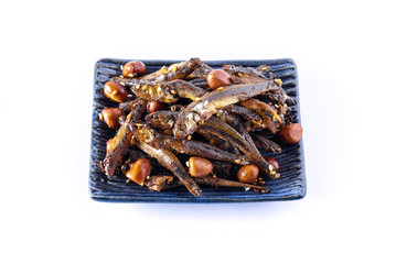 Tazukuri, candied sardines. Dried sardines lightly coated with honey, roasted sesame and peanuts.