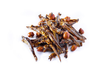 Tazukuri, candied sardines. Dried sardines lightly coated with honey, roasted sesame and peanuts.