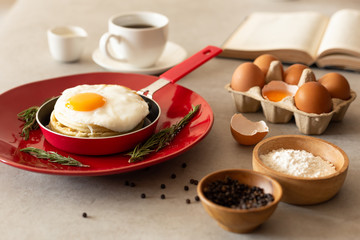 European breakfast., Fried egg pancakes with coffee in the morning light