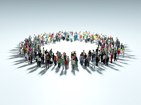 People gather at the center of the circle. Enthusiastic people. Organization.