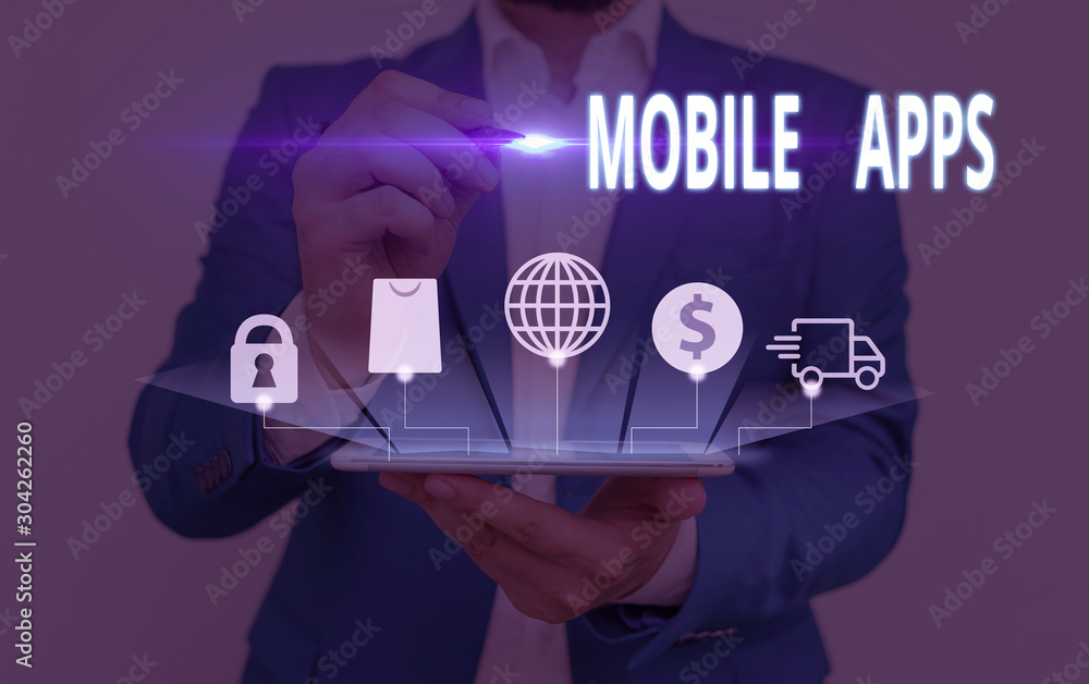 Poster writing note showing mobile apps. business concept for application software designed to run on a mob