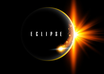 Vector dark abstract background with a solar eclipse. Black open space with a star shining from behind a planet, igniting its horizon. Round black placeholder for your text.