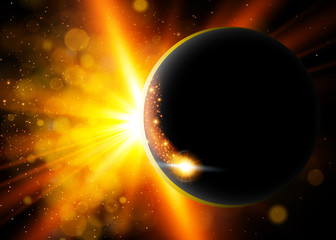 Vector dark abstract background with a solar eclipse. Black open space with a star shining from behind a planet, igniting its horizon. Round black placeholder for your text.