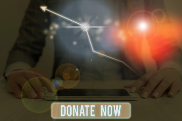 Conceptual hand writing showing Donate Now. Concept meaning to give something like money or goods...