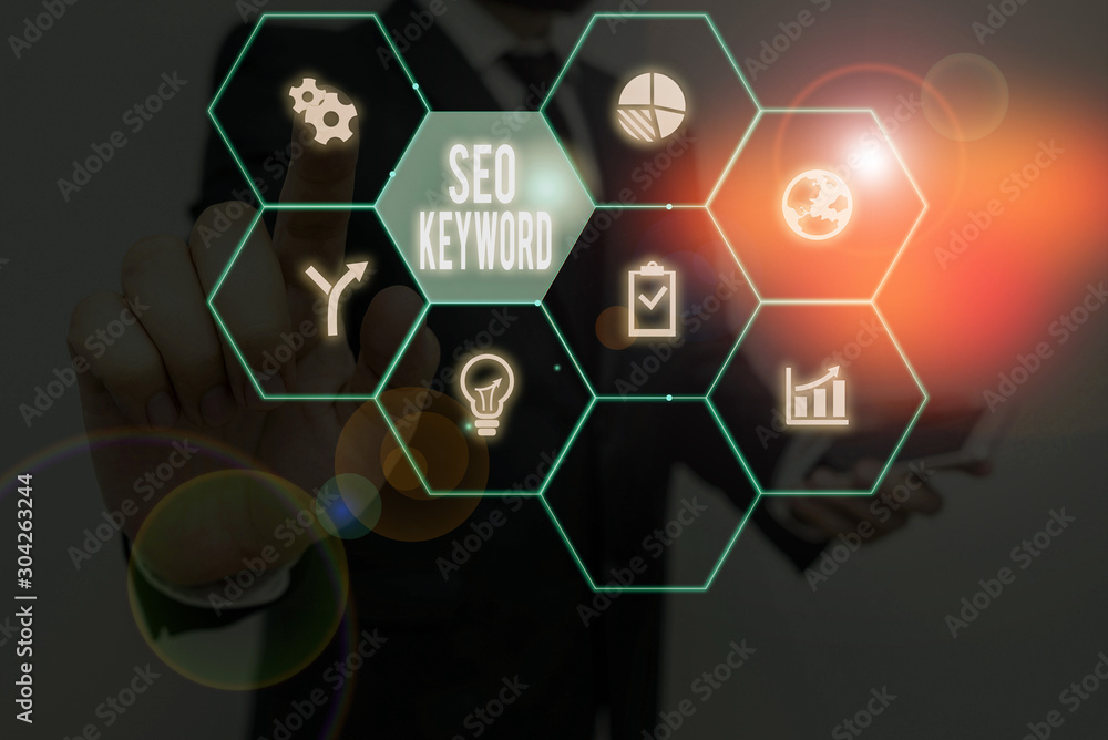 Poster conceptual hand writing showing seo keyword. concept meaning phrases in your web content that help s