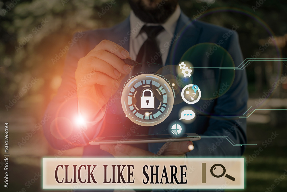 Poster handwriting text click like share. conceptual photo internet sharing following online media networki