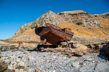Abandoned rusty ship wreck beached on the coast above the beach at White rock Cape Palliser